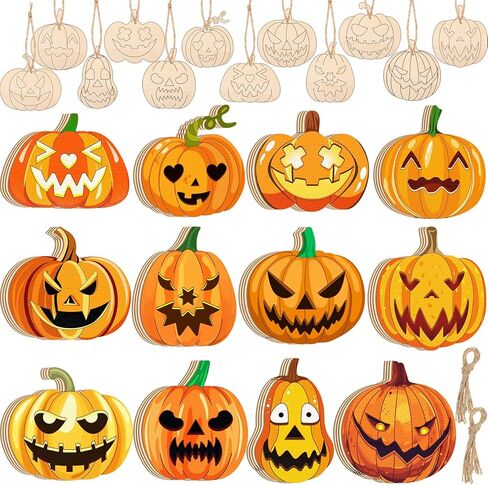 48 Pack Halloween Wooden Pumpkin Ornaments Jack O Lantern Pumpkin Wooden Slices Cutout Ornaments DIY Halloween Crafts Home Party Activities in Kuwait