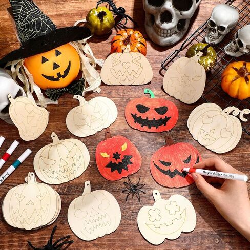 48 Pack Halloween Wooden Pumpkin Ornaments Jack O Lantern Pumpkin Wooden Slices Cutout Ornaments DIY Halloween Crafts Home Party Activities in Kuwait