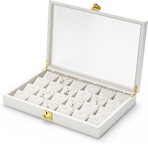 Oirlv White 24 Grid Premium Leather Jewelry Organizer Tray with Clear Lid Lockable Jewelry Box Earrings Rings Holder Box for Women Girls (Creamy-white Interior) 24 Grid in Kuwait