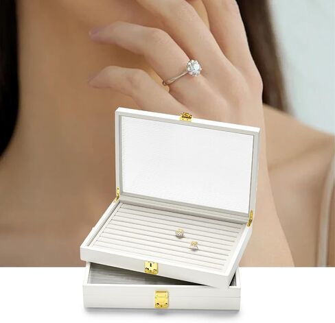 Oirlv White 24 Grid Premium Leather Jewelry Organizer Tray with Clear Lid Lockable Jewelry Box Earrings Rings Holder Box for Women Girls (Creamy-white Interior) 24 Grid in Kuwait