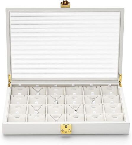 Oirlv White 24 Grid Premium Leather Jewelry Organizer Tray with Clear Lid Lockable Jewelry Box Earrings Rings Holder Box for Women Girls (Creamy-white Interior) 24 Grid in Kuwait