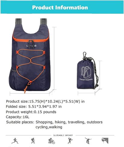 levayhill 16L Hiking Daypack, Water Resistant Lightweight Packable Backpack for Travel, Camping Outdoor Backpack Portable Folding Carry-on Bag,Blue in Kuwait