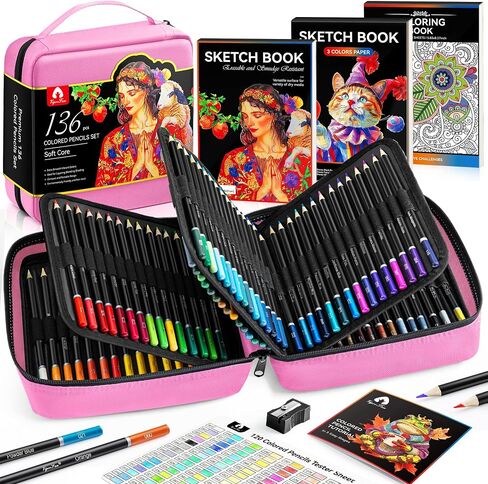 136 PCS Colored Pencils Set for Adult Coloring Books, 120 Colored Pencils with Sketchbook, Coloring Book, Sharpener, Soft Core Sketching Drawing Pencils, Art Supplies for Adults Artists (Black) in Kuwait