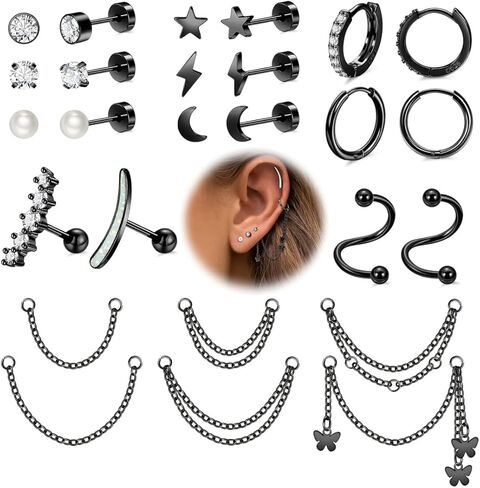 REVOLIA 316L Stainless Steel Cartilage Earrings Set Huggie Hoop Earrings Pearl Flat Back Earrings for Women Cartilage Helix Earrings with Chain Dangle Conch Tragus Piercing Jewelry Set in Saudi Arabia