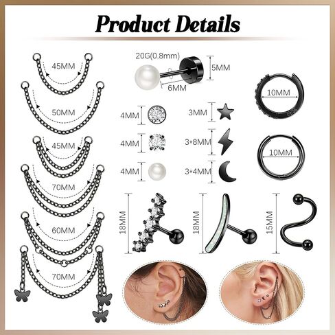 REVOLIA 316L Stainless Steel Cartilage Earrings Set Huggie Hoop Earrings Pearl Flat Back Earrings for Women Cartilage Helix Earrings with Chain Dangle Conch Tragus Piercing Jewelry Set in Saudi Arabia