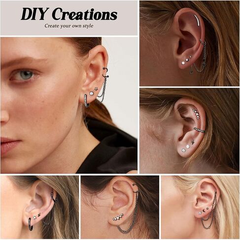 REVOLIA 316L Stainless Steel Cartilage Earrings Set Huggie Hoop Earrings Pearl Flat Back Earrings for Women Cartilage Helix Earrings with Chain Dangle Conch Tragus Piercing Jewelry Set in Saudi Arabia