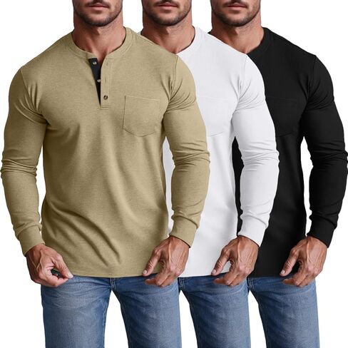 Riyiper 3 Pack Men's Long Sleeve Henley Shirts with Pocket Slim Fit Round Neck Casual Tops with Button Basic Tee in Kuwait