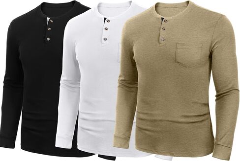Riyiper 3 Pack Men's Long Sleeve Henley Shirts with Pocket Slim Fit Round Neck Casual Tops with Button Basic Tee in Kuwait