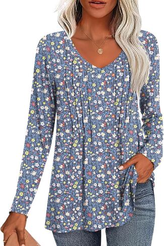 HOTGIFT Womens Long Sleeve Tunic Tops Casual Fall Winter V Neck Blouse Pleated Dressy Loose Shirts in Kuwait