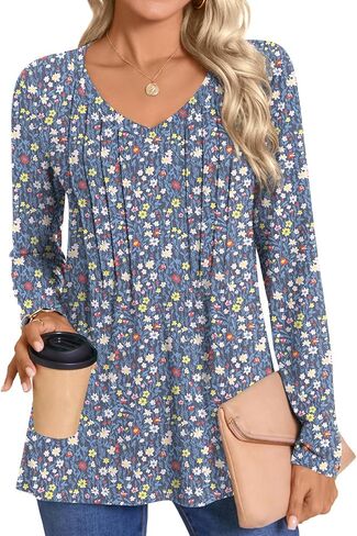 HOTGIFT Womens Long Sleeve Tunic Tops Casual Fall Winter V Neck Blouse Pleated Dressy Loose Shirts in Kuwait