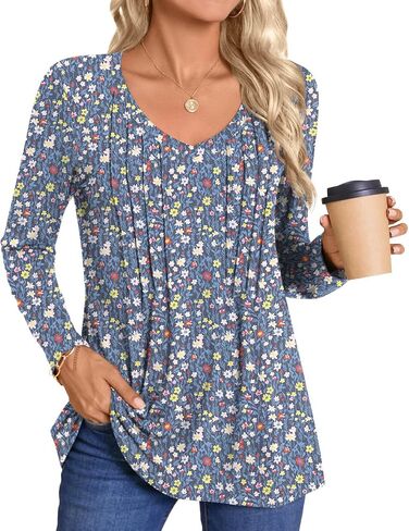 HOTGIFT Womens Long Sleeve Tunic Tops Casual Fall Winter V Neck Blouse Pleated Dressy Loose Shirts in Kuwait