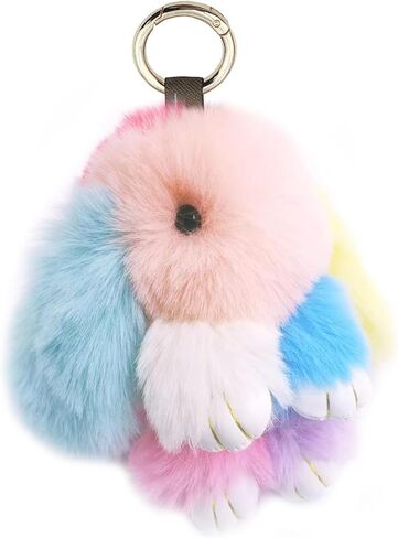 jtkdxqs Soft Cute Bunny Keychain Artificial Rainbow Rabbit Fur Plush Fluffy Pom pom Key Ring for Women in Saudi Arabia