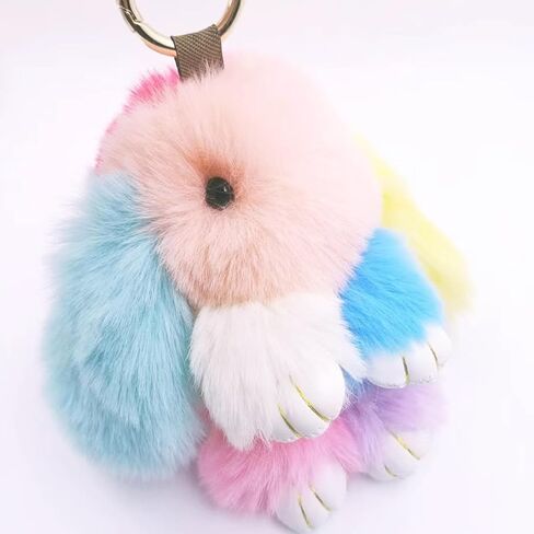 jtkdxqs Soft Cute Bunny Keychain Artificial Rainbow Rabbit Fur Plush Fluffy Pom pom Key Ring for Women in Saudi Arabia