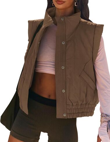 Women's Lightweight Puffer Vest Button Down Crop Quilted Vest Coat Stand Collar Sleeveless Padded Gilet With Pockets in Kuwait