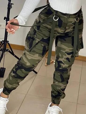 Seltaon Casual Camo Cargo Pants for Women Fall Camouflage Army Fatigue Jogger Sweatpants Trousers Plus Size in Kuwait