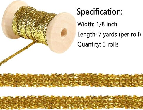 Gold Thin Ribbon 1/8 inch Metallic Braided Double Faced Curling Balloon String Ribbons for Crafts Gift Wrapping Hair Party Wedding Christmas Ornaments Tag Decoration 7 Yard x 3 Rolls in Saudi Arabia