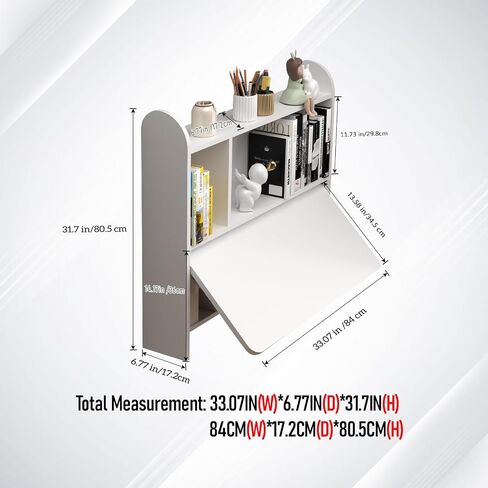 Wall Mounted Drop-Leaf Table, Floating Laptop Desk, Folding Table with Shelves, Multifunctional Computer Workstation with Storage Compartments in Home Office for Space Saving (Walnut) in Saudi Arabia