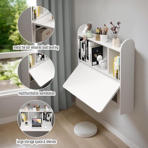 Wall Mounted Drop-Leaf Table, Floating Laptop Desk, Folding Table with Shelves, Multifunctional Computer Workstation with Storage Compartments in Home Office for Space Saving (Walnut) in Saudi Arabia