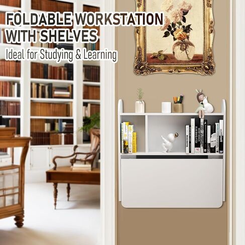 Wall Mounted Drop-Leaf Table, Floating Laptop Desk, Folding Table with Shelves, Multifunctional Computer Workstation with Storage Compartments in Home Office for Space Saving (Walnut) in Saudi Arabia