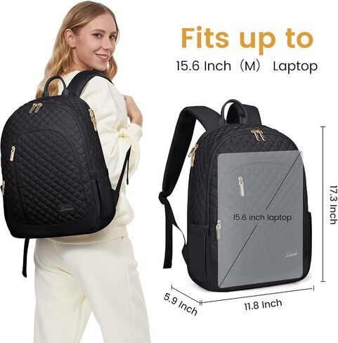 LOVEVOOK Laptop Backpack for Women, 15.6 Inch Anti Theft Computer Bag, Large Capacity Travel Backpacks, Work College Commute Backpack, Lightweight Quilted Bags Purse for Women Nurse Teacher, Black in Saudi Arabia