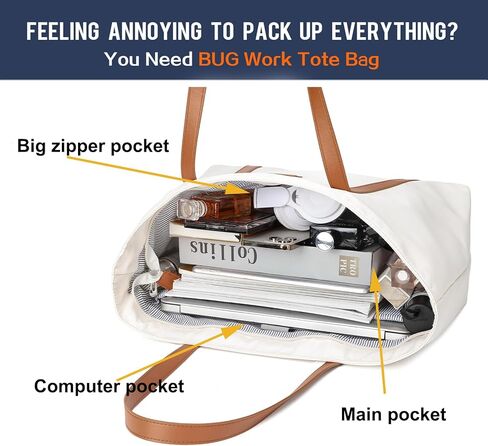 حقيبة كمبيوتر محمول للنساء خفيفة الوزن من BUG للعمل، حقيبة يد كاجوال للسفر والشاطئ والكلية والمدرسين باللون البيج in Kuwait