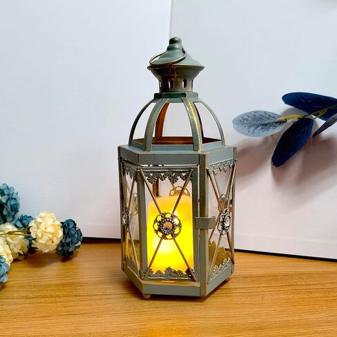 Hexagon Candle Lantern Vintage Hanging Candle Holder Decorative Candlestick for Pillar Candle Front Porch Shelf Patio Wedding Party (Green) in Saudi Arabia