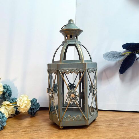 Hexagon Candle Lantern Vintage Hanging Candle Holder Decorative Candlestick for Pillar Candle Front Porch Shelf Patio Wedding Party (Green) in Saudi Arabia