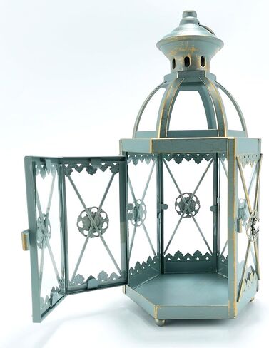 Hexagon Candle Lantern Vintage Hanging Candle Holder Decorative Candlestick for Pillar Candle Front Porch Shelf Patio Wedding Party (Green) in Saudi Arabia