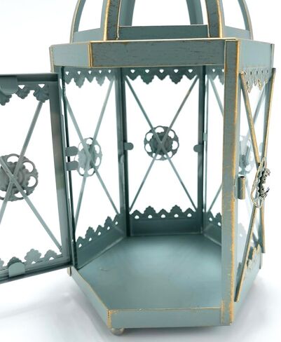 Hexagon Candle Lantern Vintage Hanging Candle Holder Decorative Candlestick for Pillar Candle Front Porch Shelf Patio Wedding Party (Green) in Saudi Arabia