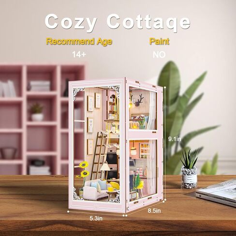 كتاب زاوية عدة لغز خشبي ثلاثي الأبعاد DIY منزل مصغر مع ضوء LED رف الكتب إدراج ديكور Booknook دمية الحرف اليدوية الهدايا للبالغين (دور علوي وردي) in Saudi Arabia