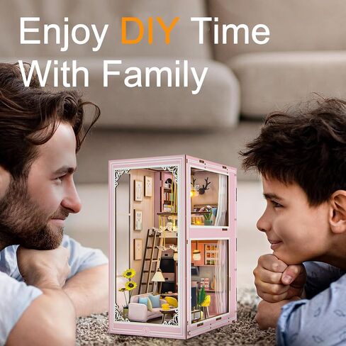 كتاب زاوية عدة لغز خشبي ثلاثي الأبعاد DIY منزل مصغر مع ضوء LED رف الكتب إدراج ديكور Booknook دمية الحرف اليدوية الهدايا للبالغين (دور علوي وردي) in Saudi Arabia