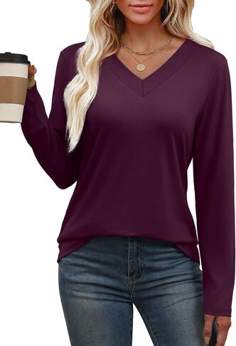WIHOLL Women Long Sleeve T Shirts Casual V Neck Tunic Tops Fall Fashion 2024 Basic Outfits Trendy Shirts in Saudi Arabia