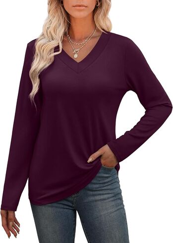 WIHOLL Women Long Sleeve T Shirts Casual V Neck Tunic Tops Fall Fashion 2024 Basic Outfits Trendy Shirts in Saudi Arabia