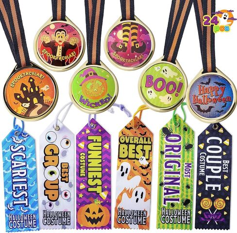 JOYIN 24 PCS Halloween Medal Trophies and Trophy Ribbons for Halloween Award Party Celebration and Spooky Contest Rewards, Halloween Party Favors for Kids, Carnival Game Prizes in Saudi Arabia