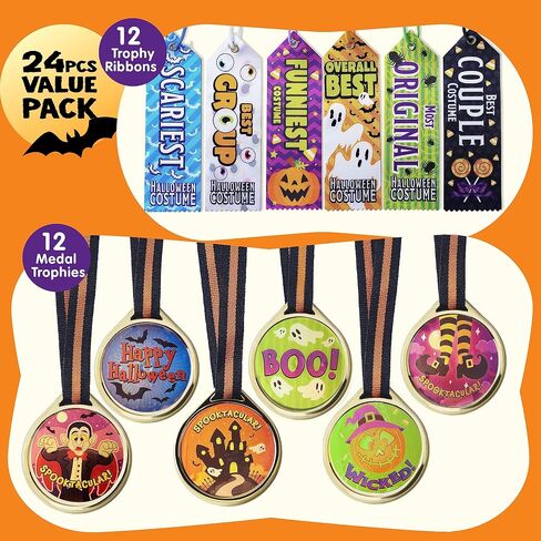 JOYIN 24 PCS Halloween Medal Trophies and Trophy Ribbons for Halloween Award Party Celebration and Spooky Contest Rewards, Halloween Party Favors for Kids, Carnival Game Prizes in Saudi Arabia