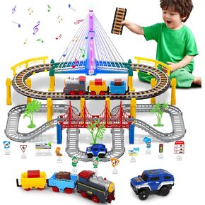 Electric Train Set for Kids Ages 4-8 with Train Tracks Set & Car Tracks Lights Up Bridge Road Sign Realistic Sound Train Track Accessories Playset Boy Toys Birthday 4 5 6 7 8+ Year Old