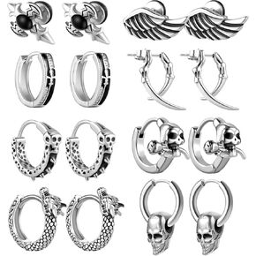 أقراط للرجال والنساء، Funtopia 8 أزواج من الأقراط المصنوعة من الفولاذ المقاوم للصدأ مجموعة أقراط دائرية على الطراز القوطي، أقراط فضية على شكل تنين وجمجمة، مجوهرات ثقب الموضة in Kuwait