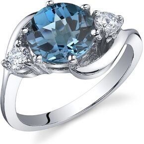 PEORA London Blue Topaz 3-Stone Ring for Women 925 Sterling Silver, Natural Gemstone, 2.25 Carats Round Shape 8mm, Sizes 5 to 9