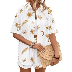 Verdusa Women's 2 Piece Outfit Button Down Graphic Print Blouse Top and Shorts Sets