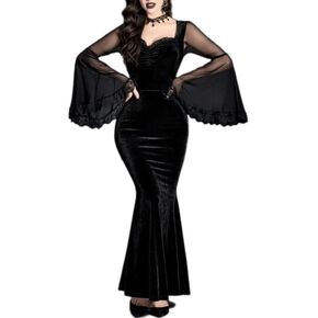 LANSHULAN Gothic Contrast Mesh Flounce Sleeve Velvet Mermaid Hem Dress Clothes