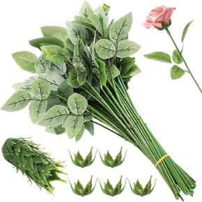 50 Pcs Rose Stems with Leaves & 50 Pcs Flower Calyxes Set, Fake Flower Stems Artificial Flower Sepals, Floral Arrangement Supplies, DIY Artificial Flowers Tools for Bouquet Wedding Party