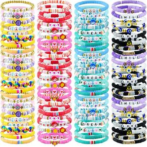 96 Pcs Colorful Friendship Bracelet Set Stackable Beaded Clay Bead Bracelets Surfer Bracelets Heishi Bracelet Friendship Bracelets Boho Y2K Summer Jewelry Set