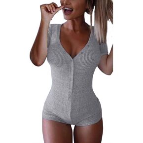 Roselux Women's Sexy Deep V Neck Shorts Short Sleeve Knitted One Piece Bodysuit Sexy Pajama Onesie Bodycon Rompers Overall