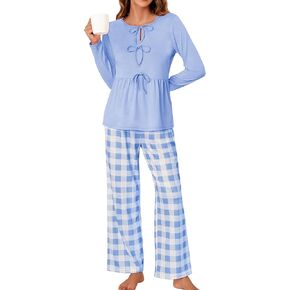 Blooming Jelly Womens 2 Piece Pajama Sets Bow Knot Lounge Sets Outfits Soft Pj Sets Pockets Plaid Pants and Peplum top