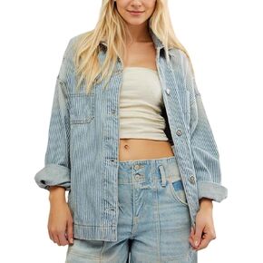 Kedera Women's Striped Denim Jackets Casual Long Sleeve Fall Jean Outfits Boyfriend Denim Coat with Pockets