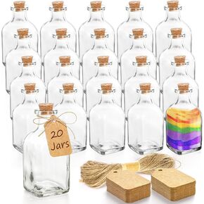 ZOOFOX 20 Pack Small Glass Jars with Lids, 3.4 oz Glass Favor Jars with Cork Stoppers, Clear Empty Glass Bottles for Party Favors, DIY Crafts, Extra Tags and String