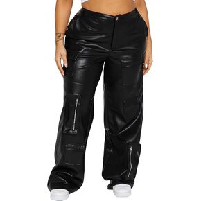 Women's Faux Leather Cargo Pants High Waisted Y2K Leggings Pants with Pockets