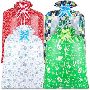 JWSCYSY 4Pcs Extra Large Christmas Gift Bags, Jumbo Christmas Bags 60" x 36" Oversized Plastic Gift Bags with Pull Bows and Tags for Huge Giant Xl Xmas Holiday Gifts Presents Wrapping