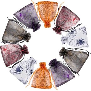 100PCS Halloween Organza Bags Gift Jewelry Candy Bags for Halloween Party Including 5 Patterns 4x4.8Inch