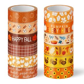 Whaline 12 Rolls Fall Thanksgiving Washi Tapes Assorted Autumn Pattern Decorative Tapes Pumpkin Turkey Dots Masking Tapes for Fall Thanksgiving Scrapbook Journal DIY Craft Gift Wrapping, 0.6Inch